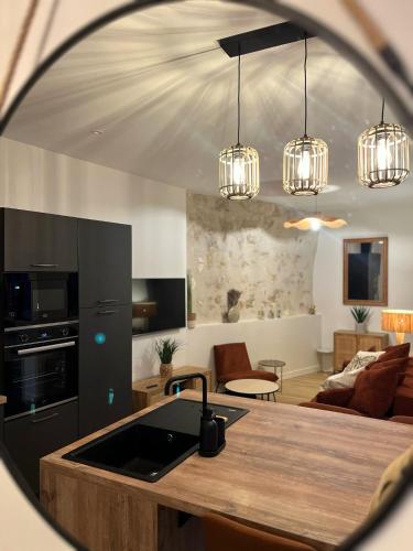 Il dispose d'une cuisine et d'un salon avec un lavabo et un miroir. dans l'établissement La Suite des Arènes, à Bourges