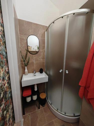 a bathroom with a shower with a sink and a mirror at Etela Old Town Apartment in Košice