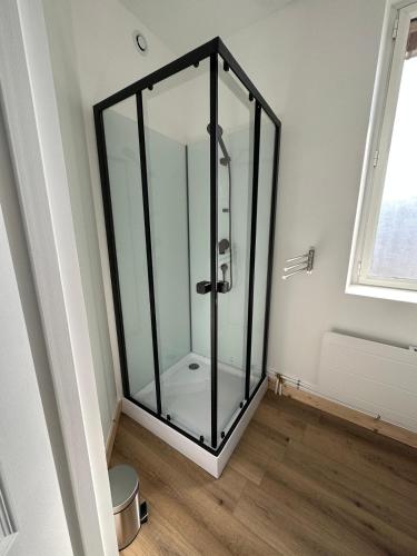 - une douche en verre dans une chambre avec fenêtre dans l'établissement Appartement, à Pinon