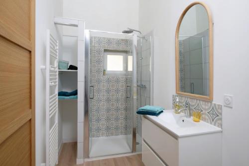 une salle de bain avec une douche, un lavabo et un miroir dans l'établissement Gîte 2 places, LES LUCIENS, meublé 3 étoiles, à Saint-Gély-du-Fesc