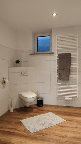 a white bathroom with a toilet and a window at Einliegerwohnung 350m vom See in Westensee