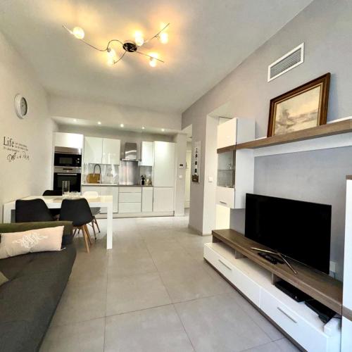 un salon avec une grande télévision et une cuisine dans l'établissement Suite Doulce France FSHH, à Nice