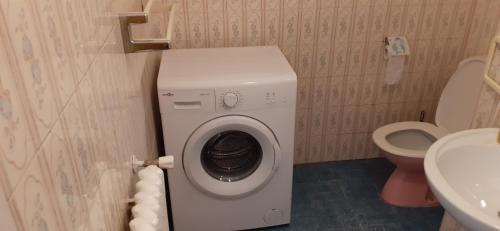 une machine à laver dans une salle de bain avec toilettes dans l'établissement Charme de la Mer, à Antibes