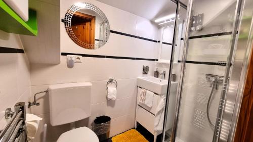 a bathroom with a toilet and a shower at Landhaus Osborne near Hallstatt in Obertraun