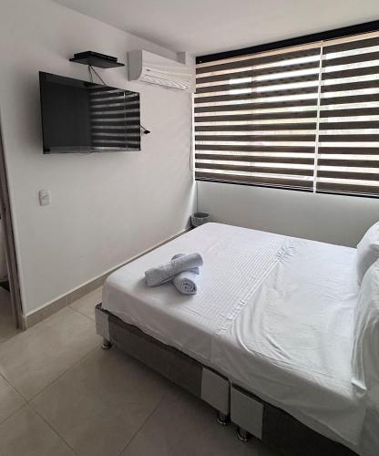 a bedroom with a bed and a flat screen tv at Extraordinario apartamento con BBQ in Ricaurte