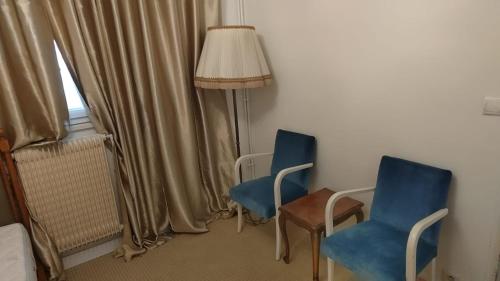 2 chaises bleues et une lampe dans une pièce dans l'établissement Villa B, à Bobigny