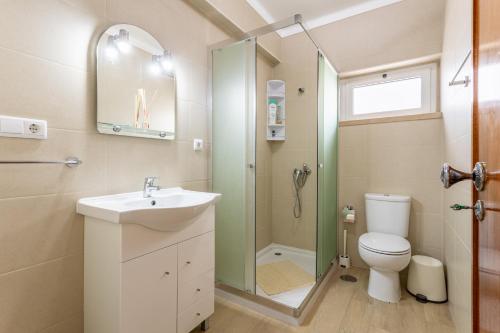 a bathroom with a toilet and a sink and a shower at Casa de Rio Maior T3 in Rio Maior