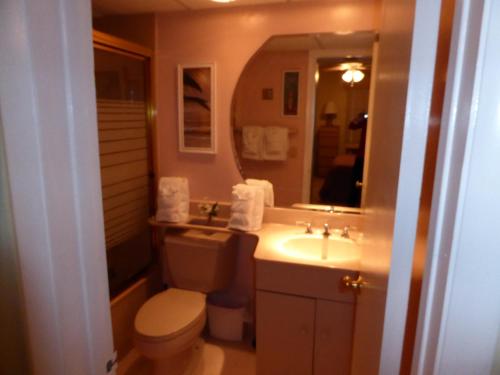een badkamer met een toilet, een wastafel en een spiegel bij PlayaBlanco Suites in Fort Lauderdale