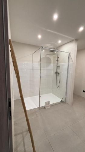 une douche avec une porte vitrée dans une salle de bain dans l'établissement Charmante maison alsacienne proche Europa Park, à Ohnenheim