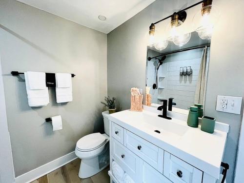 a bathroom with a white sink and a toilet at Pink Bungalow Downtown in Sandusky