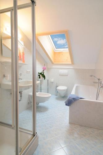 a bathroom with a tub and a toilet and a skylight at Stocknerhof in Bressanone