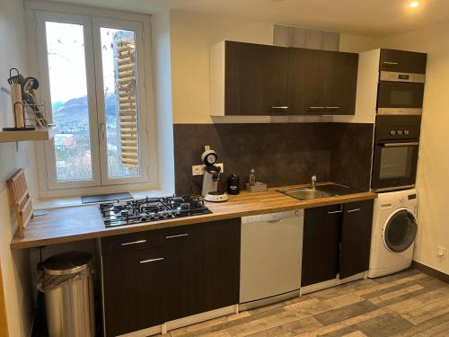 Il comprend une cuisine équipée d'une cuisinière. four supérieur à côté d'une fenêtre dans l'établissement Maison de la nature, à La Motte-dʼAveillans