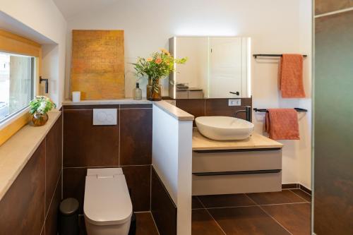 a bathroom with a sink and a toilet and a mirror at Ferienwohnungen Aying in Aying