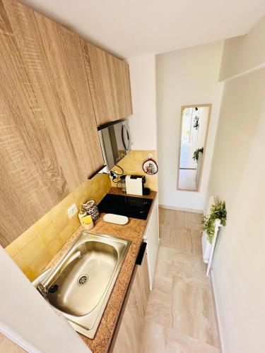 une petite cuisine avec un évier et un comptoir dans l'établissement Charmant Studio à 5 minutes des plages, à Cannes