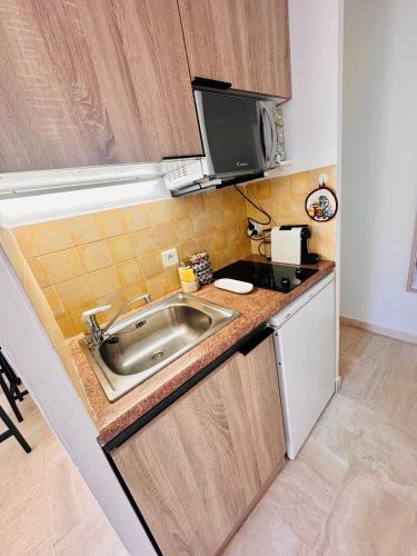 une petite cuisine avec un évier et un micro-ondes dans l'établissement Charmant Studio à 5 minutes des plages, à Cannes