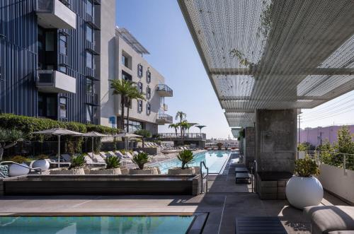 a view of a swimming pool in a building at Magnificent two bedroom in West Hollywood in Los Angeles