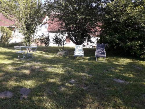 2 chaises et une table dans l'herbe dans l'établissement Petit nid ,1 km du zoo,au calme,détente assurée, à Seigy