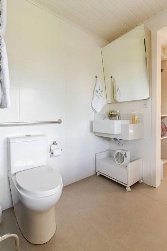a white bathroom with a toilet and a mirror at Vivenda Le Vin em Alfredo Wagner in Barracão