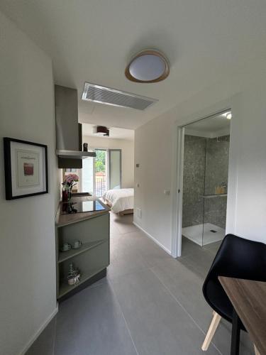 a room with a bathroom with a shower and a bedroom at Il Giardino Segreto in Faggeto Lario 