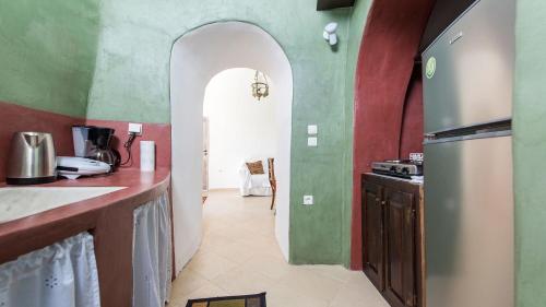 a kitchen with green and red walls and a refrigerator at Athinais Mansion in Megalokhori
