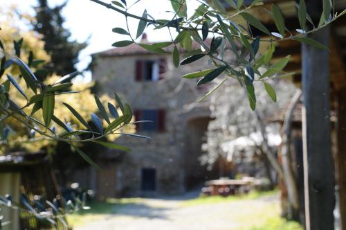 a building in the background with a tree in the foreground at Agriturismo La Gioconda in Vinci