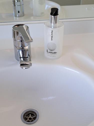 a bathroom sink with a soap dispenser on it at Village Motel in Havelock North