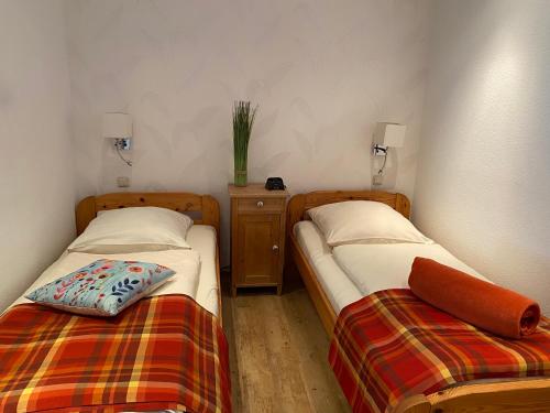 a room with two beds and a table with a plant at Schumacher's Landhaus - Bücherhotel in Friedeburg