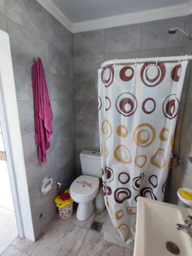 a bathroom with a toilet and a shower curtain at Casa quinta La Ruchi in San Andrés de Giles