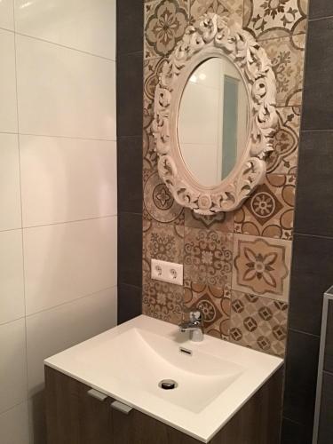 a bathroom with a sink and a mirror at Vakantiehuisje B&B de Kleine Voskuil in Hulshorst