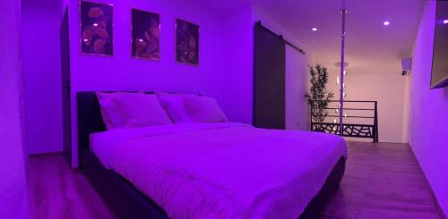 - une chambre violette avec un grand lit et un éclairage violet dans l'établissement La villa les Bermudes, à Wasnes-au-Bac