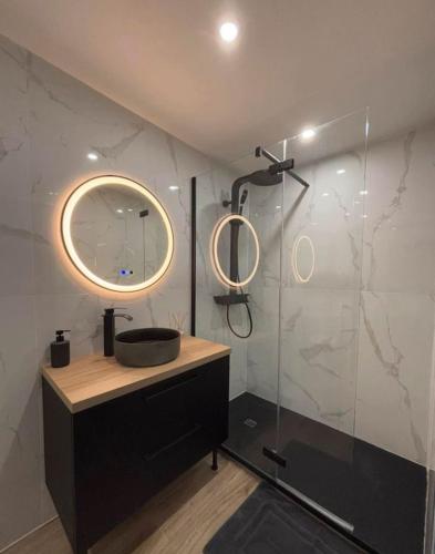 une salle de bain avec un lavabo et une douche avec un miroir dans l'établissement La villa les Bermudes, à Wasnes-au-Bac