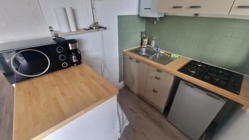 une petite cuisine avec un évier et un micro-ondes dans l'établissement TypeT1 Spacieux à 300m du port et 6min de la plage, à La Grande Motte