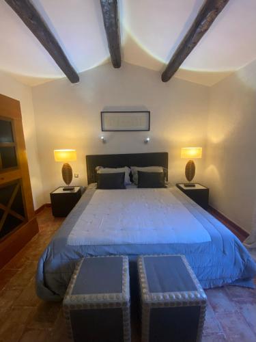 - une chambre avec un lit avec des draps bleus et deux lampes dans l'établissement Bed and breakfast Bergerie de Peymeyan, à Saint-Paul-en-Forêt