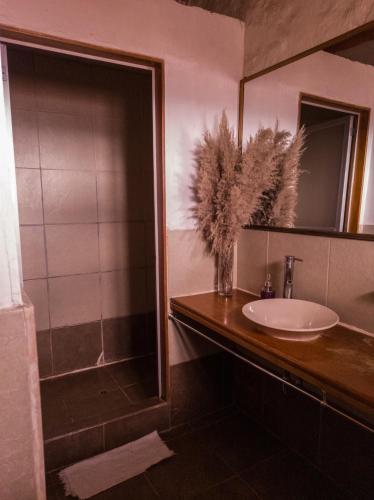 a bathroom with a sink and a shower at Loki Cusco in Cusco