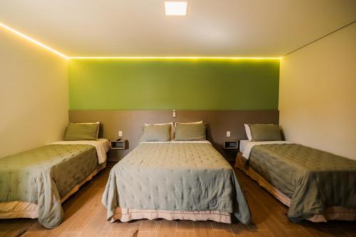 two beds in a room with green walls at Hotel Oly Plaza in Piracicaba