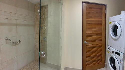 a shower stall with a washing machine in a bathroom at Sea Palace in Philipsburg