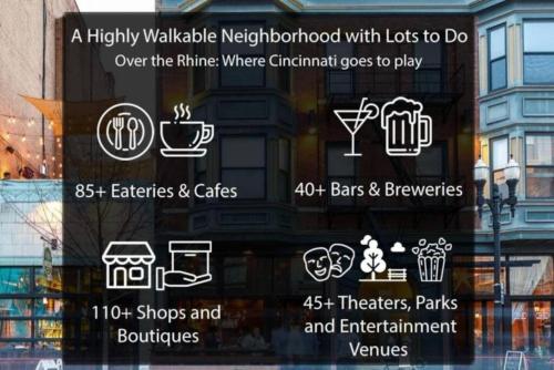 a sign in the window of a restaurant with drinks at OTR King Bed Free Parking Gym Top Floor Club Room in Cincinnati