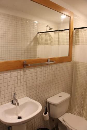 a bathroom with a toilet and a sink and a mirror at CASA DINIS - Apartamento Estudio in Portobelo