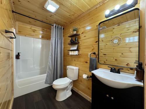 a bathroom with a toilet and a sink and a tub at Greywood Reserve in Rogers