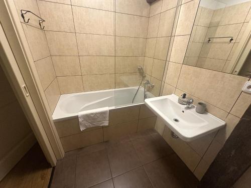 a bathroom with a sink and a bath tub at Pension Faber in Český Krumlov