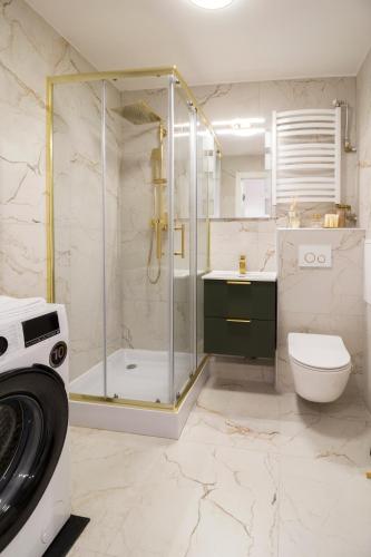 a bathroom with a shower and a toilet and a sink at Apartament Golden Prestige in Głogów