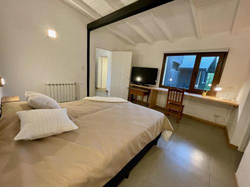 a bedroom with a bed and a desk and a television at Los Coirones 2 - Casa con jardin in Dina Huapi