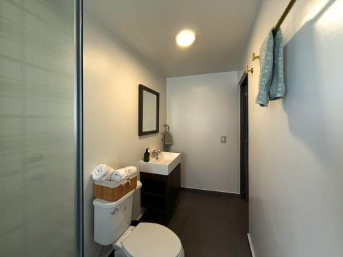 a bathroom with a toilet and a sink at FIKA Apartamentos Elite in Toluca
