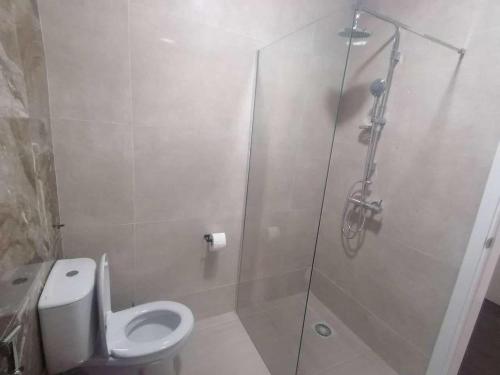 un bagno con wc e doccia in vetro di Nos Cantin 1 double Bedroom a Mindelo