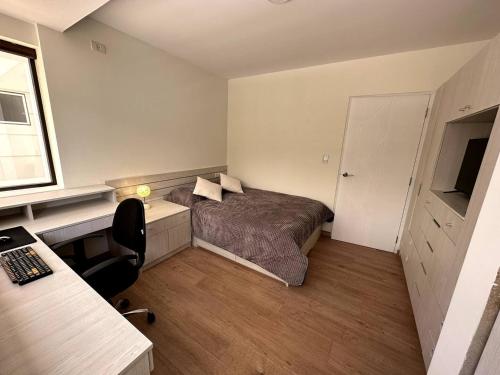 a bedroom with a bed and a desk with a computer at Cozy smart studio & home office in La Paz