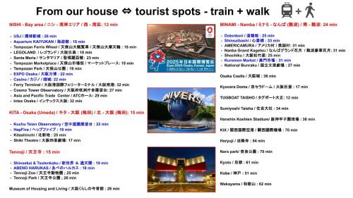 EXPO 22 min,USJ 26 min,Kaiyukan 18 min,Solaniwa 6 min, Kyocera Dome 17 min,15 min to KITA-Osaka-Umeda-HepFive,KuchuTeien,Kitashinchi,24 min to MINAMI-Namba-Dotonbori,Shinsaibashi,AMERICAMURA,Grand Kagetsu,Kuromon Market,National Bunraku