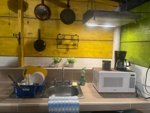 a kitchen counter with a sink and a microwave at La Casita Azul in San Felipe