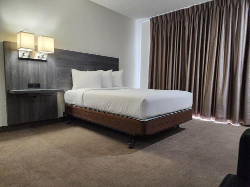 a hotel room with a bed and a window at Las Palmas Airport Inn in Tucson