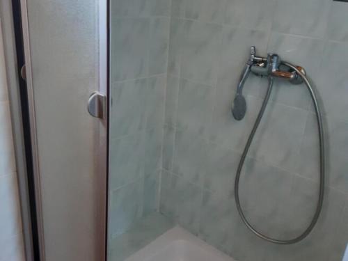 d'une douche avec une porte en verre et un pommeau de douche. dans l'établissement Maison 6 pers, proche plage, jardin & terrasse, WiFi, Noirmoutier - FR-1-823-63, à Barbâtre