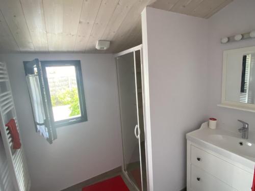 une salle de bain avec une douche et un lavabo et une fenêtre dans l'établissement Maison moderne à Noirmoutier, proche plage, 6 personnes - FR-1-823-58, à Noirmoutier-en-l'lle
